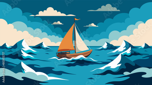 A sailboat navigating through rough ocean waters with each port of call representing a therapy session and the final destination being a calm and.