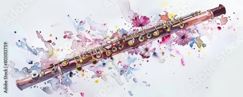 A wooden flute with silver keys lies on a bed of colorful watercolor splashes. The flute is surrounded by delicate pink and purple flowers. The image has a soft, dreamy feel.