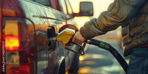 Closeup of a hand of fueling hose at a gas station, Precise Fueling Hand on Gas Pump Nozzle