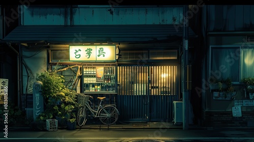 A charming night view, featuring a quaint pharmacy and a glowing lantern.