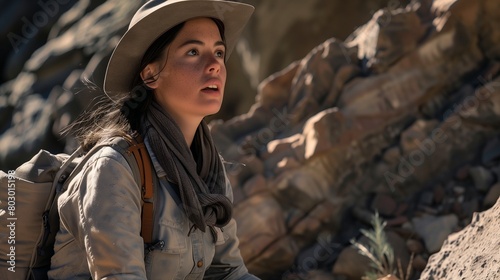 Female geologist in outcrop wearing hat and backpack