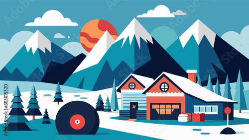 A snowy mountain resort with a lodge and a record store selling albums by local musicians who capture the beauty of the winter landscape in their Vector illustration