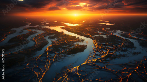 An aerial view of a river delta at sunset, where the intertwining waterways resemble veins of gold and silver, reflecting the sky's myriad colors amidst the darkening landscape.