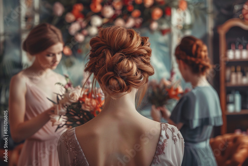 In a bustling bridal salon - a hairstylist crafts an intricate bridal updo - surrounded by excited bridesmaids and elegant floral decor