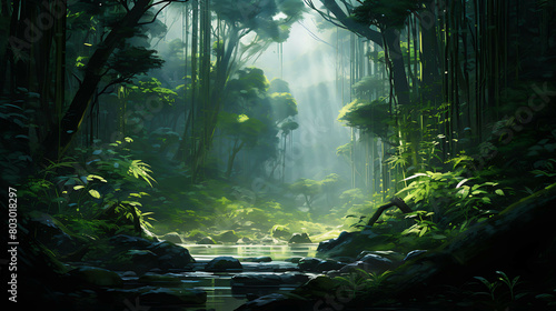 A dense bamboo forest, where the green columns rise high into the sky, barely moving in the breeze, and the filtered light creates patterns on the forest floor, inviting quiet contemplation.