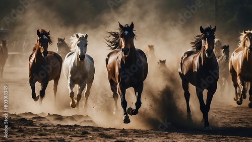 Beautiful horses galloping in the dust. Motion blur effect.