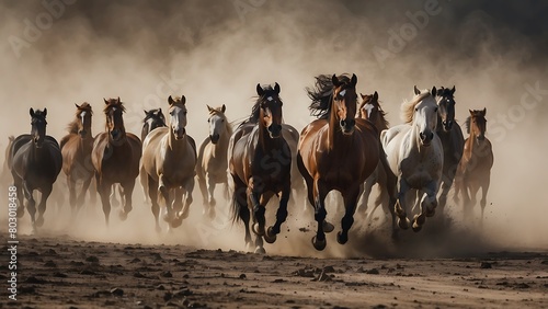 Beautiful horses galloping in the dust. Motion blur effect.