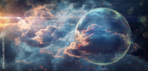 A cloud enveloped in a digital bubble that refracts light into binary code, illustrating the concept of data encryption in cloud security. 