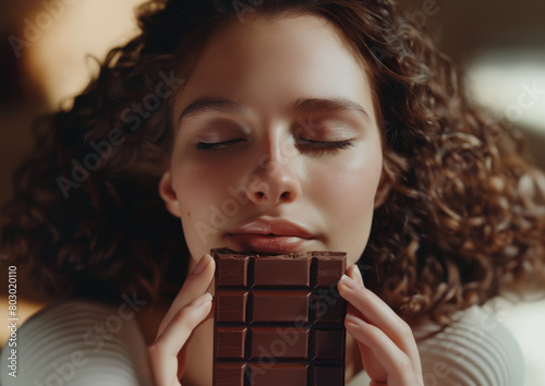 Chocolate taster photo of a girl intensely smelling a bar of chocolate with her eyes closed as a taster does to catch all its scents