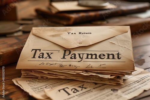 A stack of envelopes labeled "Tax Return" and "Tax Payment" on a desk