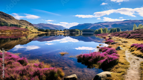 A panoramic view of a highland moor, with heather in bloom, creating a purple carpet that stretches to a small, crystal-clear lake reflecting the clear blue sky and fluffy clouds.