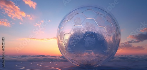 A transparent, spherical shield with a hexagonal pattern enveloping a cloud, set in a twilight sky. 