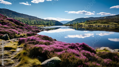 A panoramic view of a highland moor, with heather in bloom, creating a purple carpet that stretches to a small, crystal-clear lake reflecting the clear blue sky and fluffy clouds.