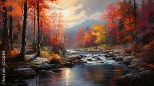 A peaceful river meandering through a colorful, autumnal landscape, with banks lined by trees showcasing a vibrant display of reds, oranges, and yellows, reflecting beautifully on the water's surface.