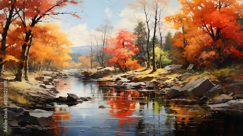 A peaceful river meandering through a colorful, autumnal landscape, with banks lined by trees showcasing a vibrant display of reds, oranges, and yellows, reflecting beautifully on the water's surface.