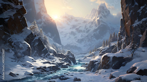 A rugged, icy landscape where a frozen waterfall cascades down a cliff face, with the late afternoon sun creating a dazzling display of light and shadows across the ice and snow.
