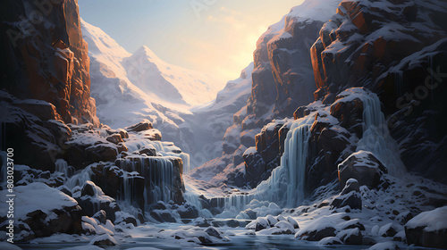 A rugged, icy landscape where a frozen waterfall cascades down a cliff face, with the late afternoon sun creating a dazzling display of light and shadows across the ice and snow.