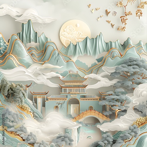 Graceful Jade Tones in 3D Chinese Art: Graphic Illustration Style with Auspicious Clouds on White Canvas