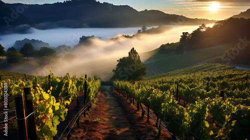 A serene, foggy morning in a hillside vineyard, where the rows of vines disappear into a soft, white blanket of fog, and the silence is as palpable as the moist air.