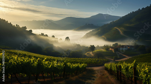 A serene, foggy morning in a hillside vineyard, where the rows of vines disappear into a soft, white blanket of fog, and the silence is as palpable as the moist air.