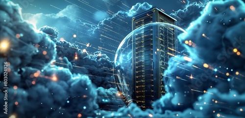 A towering server rack encased in a transparent, indestructible bubble, symbolizing cloud security, set against a backdrop of dark.