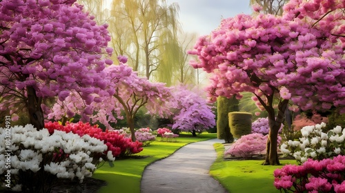 "Welsh Garden Splendor: Springtime Arch and Blooming Rhododendron"