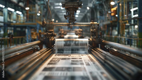 Hyper lapse style render of a newspaper printing press in action, suitable for media and communication technology presentations.