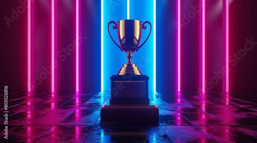 A large trophy stands illuminated by neon lights in magenta and blue, set on a reflective surface in a dark room, symbolizing victory and success.