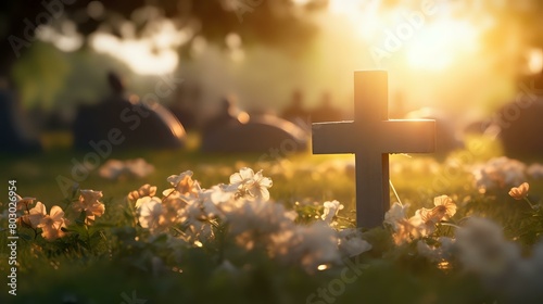 Solemn Catholic Cemetery Scene: Grave Marker and Cross Amid Peaceful Serenity