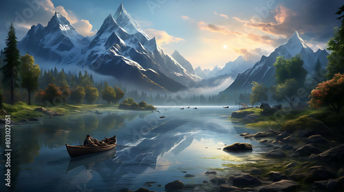 A tranquil dawn in a mountain valley, where the first light of day gently illuminates a meandering river, creating reflections of the surrounding peaks on the mirror-like water.