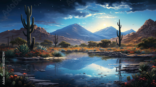 A vast, serene desert scene under the stars, with a rare oasis reflecting the Milky Way in its waters, providing a striking contrast between the arid landscape and the vibrant night sky.