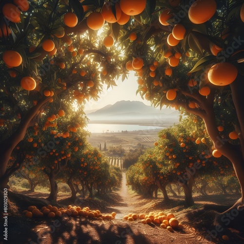 Orange grove with ripe oranges in Sicily. 3D rendering generated by ai