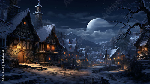 The quiet beauty of a snow-covered village at dusk, where smoke gently rises from chimneys, the snow dampens all sounds, and the warm glow of windows promises coziness and comfort.