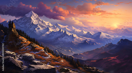The rugged terrain of a high mountain ridge at twilight, where the setting sun casts elongated shadows and paints the snow-capped peaks in a palette of pink, purple, and gold.