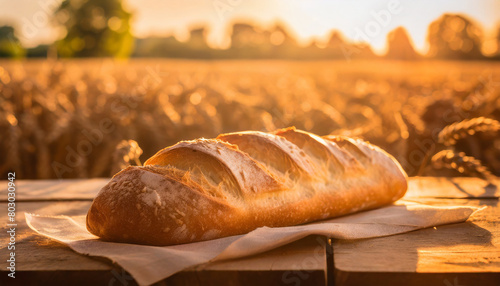 Freshly baked baguette lying on wooden table outdoor near wheat field. Bakery product