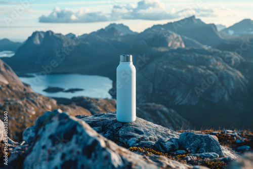 Insulated water bottle on a rocky summit with a stunning lake and mountain background.