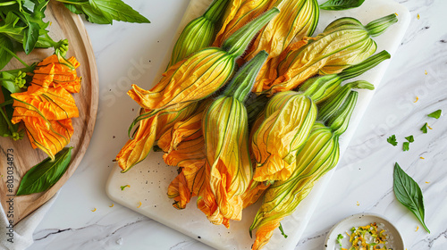 Board with fried zucchini flowers