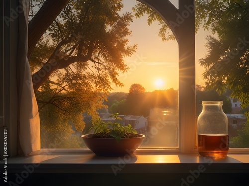 A glass of water on the windowsill against the background of the sunset generated by ai
