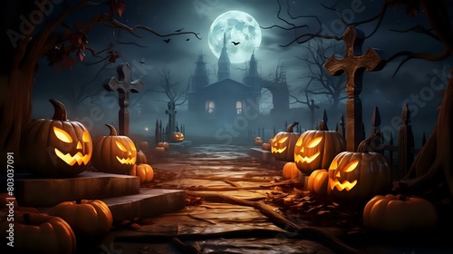 Creepy Cemetery: Pumpkin, Skeleton, and Lantern Decor in Nighttime Setting