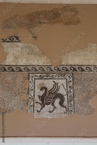 Rhodes, Greece - August 10, 2017: Mosaic of a mythological creature in the Archaeological Museum on the island of Rhodes
