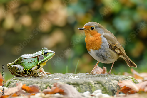 a photograph of a robin talking happily with a frog in an English garden. Beautiful Lighting. Photograph taken with nikon d850 dslr
