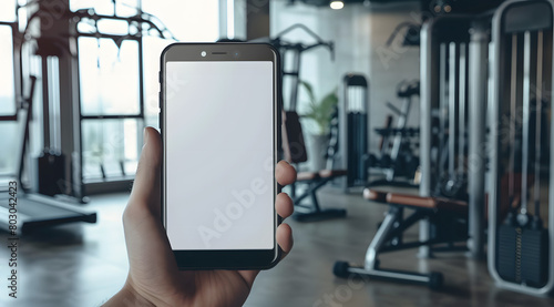 UI UX mockup image of smartphone with blank transparent screen, in hand by the gym with exercise equipment environment furnishings. For fitness apps and websites marketing and advertising presentation