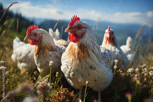 Portrait of chickens on a green grass meadow in mountains, bright sunny day, on a ranch in the village, rural surroundings on the background of spring nature