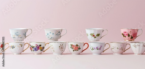 A collection of delicate, hand-painted porcelain teacups, each with a different floral design, arranged in a neat row against a soft.