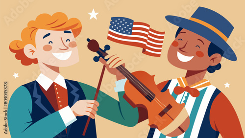 A closeup of two fiddlers exchanging smiles and musical cues as they play a lively rendition of a beloved American anthem at the gathering.. Vector illustration