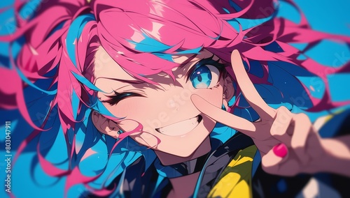 Closeup of an anime girl winking and making the peace sign with her fingers