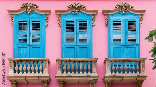 Pink building facade with blue windows adorned with ornate frames, featuring wooden shutters.