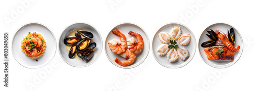 Set of isolated seafood platters, shrimp, squid and oyster plates