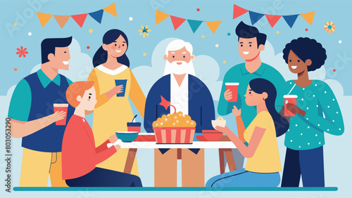 A group of neighbors gathered around a table sharing stories and memories of past Independence Day celebrations.. Vector illustration