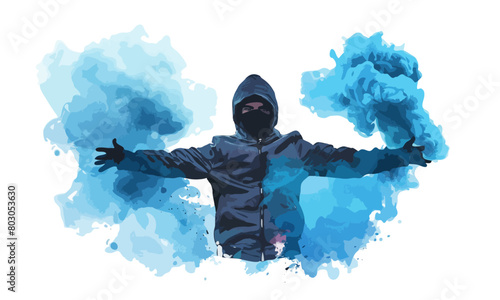 Vector illustration of a football fan with a smoke bomb in his hands. Football fan. Ultras. Revolution. Riot. Protest.